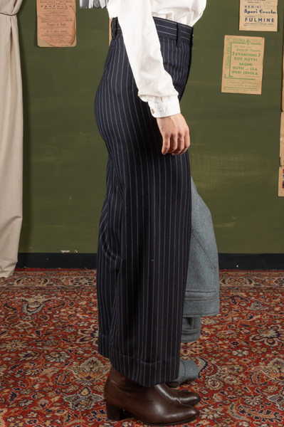 Light Weight Wool Wide Leg Pants - Chalk Stripe  -  28