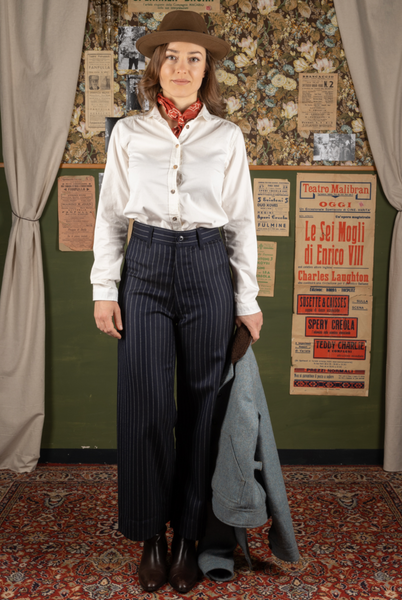 Light Weight Wool Wide Leg Pants - Chalk Stripe  -  28