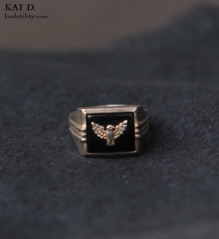 Vintage Eagle Sterling Onyx Ring - 12.5