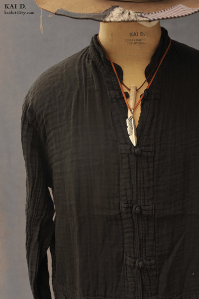 Garment Dyed Double Gauze Monk Shirt - Deep Grey - M, XL