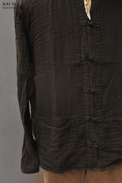 Garment Dyed Double Gauze Monk Shirt - Deep Grey - M, XL