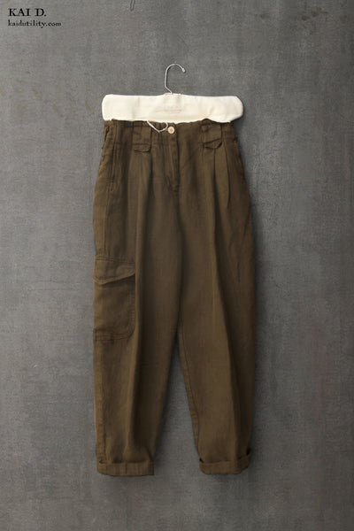 Kaylee Belted Pants - Garment Dyed linen - Olive - XS, M