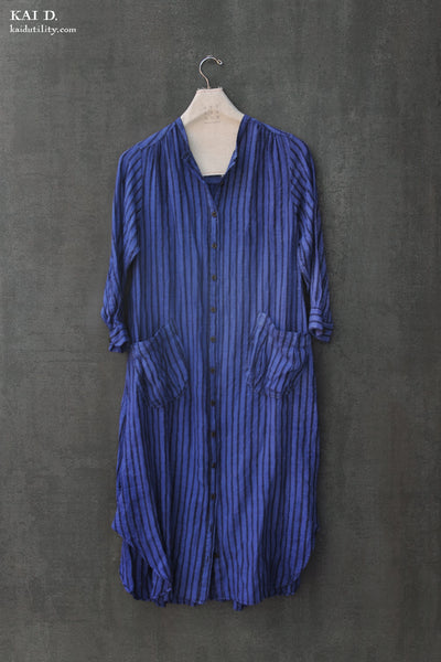 Garment Dyed Stripe Linen Niki Dress - Ocean - M