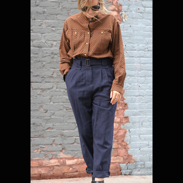 Kaylee Belted Pants - Cotton Wool Pinstripe - Navy - S, M, L