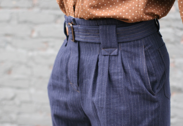 Kaylee Belted Pants - Cotton Wool Pinstripe - Navy - S, M, L