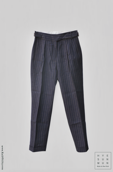 Isa Belted Pants - Navy pinstripe linen -  L