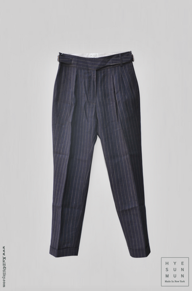 Isa Belted Pants - Navy pinstripe linen - M, L