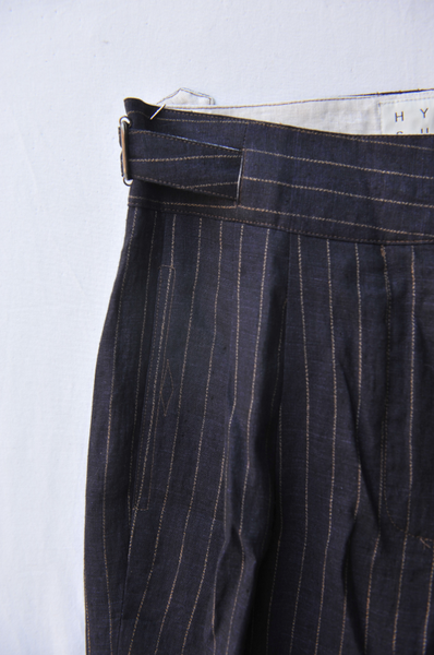 Isa Belted Pants - Navy pinstripe linen -  L