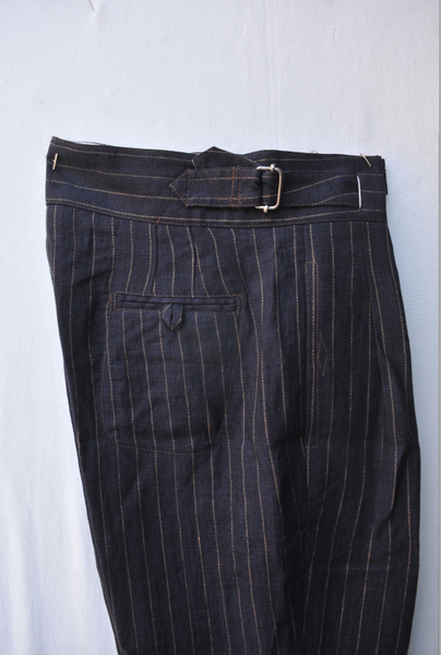 Isa Belted Pants - Navy pinstripe linen -  L