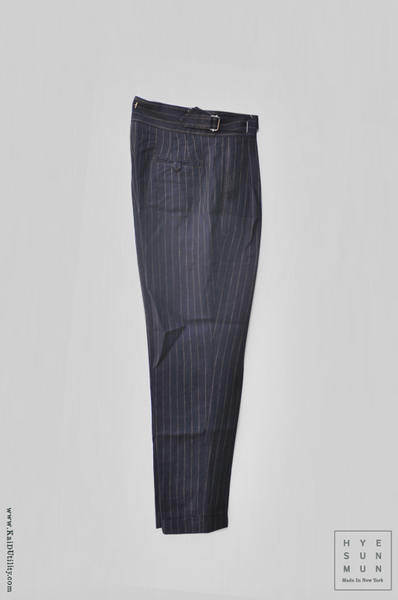 Isa Belted Pants - Navy pinstripe linen -  L