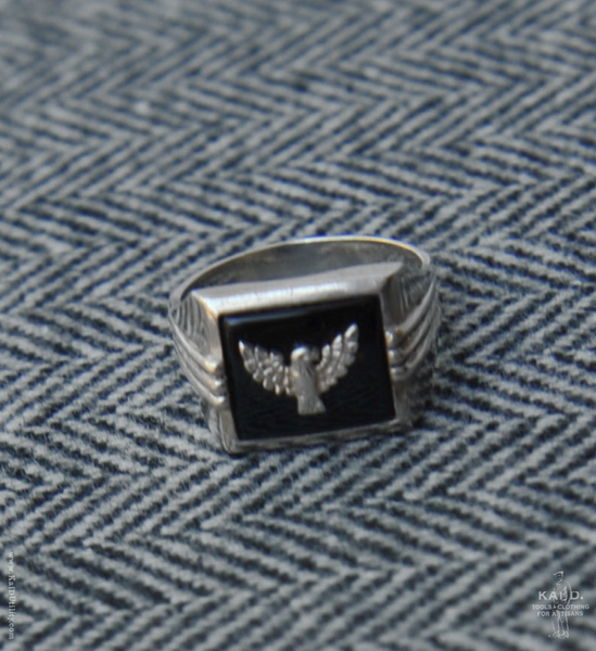 Vintage Eagle Sterling Onyx Ring - 12.5