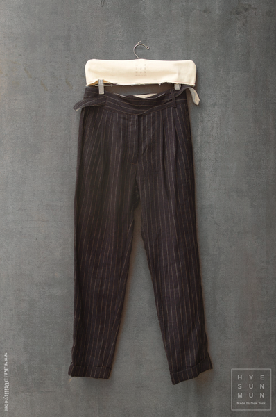 Isa Belted Pants - Navy pinstripe linen - M, L