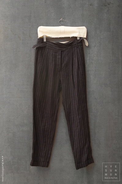 Isa Belted Pants - Navy pinstripe linen -  L