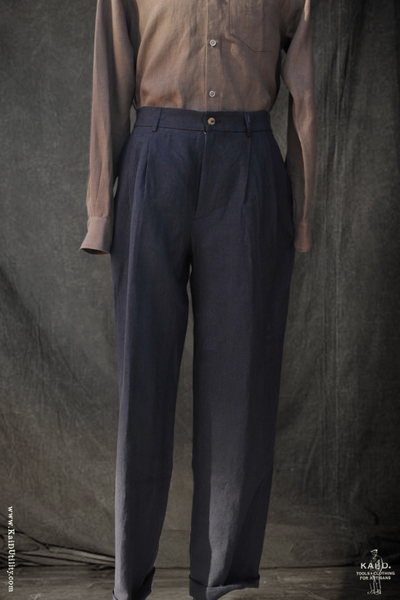Double Pleat Belgian Linen Trousers - Navy - 52 (size 36)