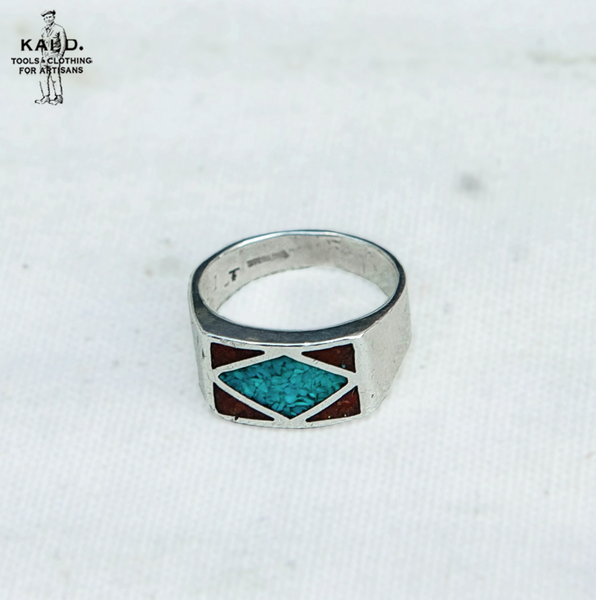 Sterling Silver Turquoise Coral Inlay Ring - Size 11