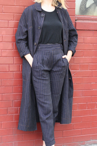 Isa Belted Pants - Navy pinstripe linen -  L
